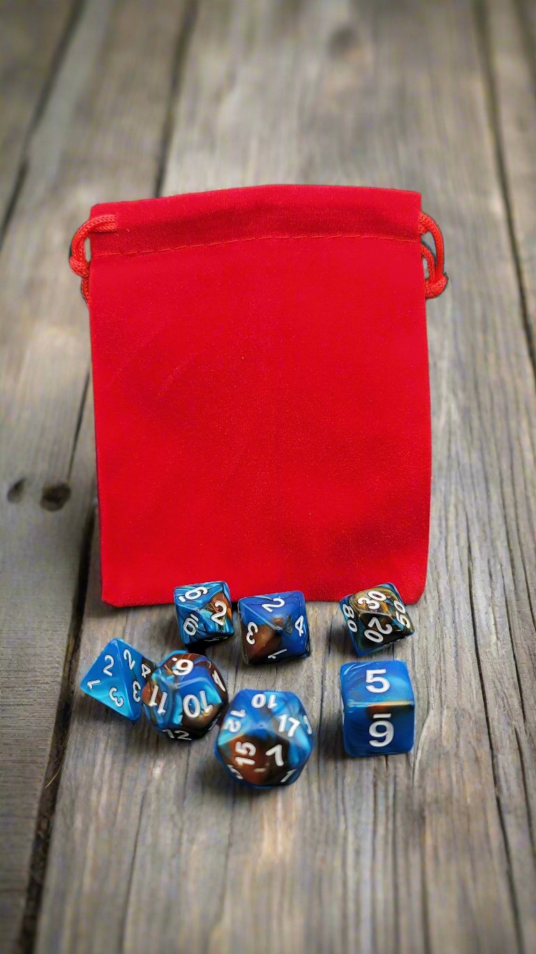 Red felt dice bag with set of 7 dice