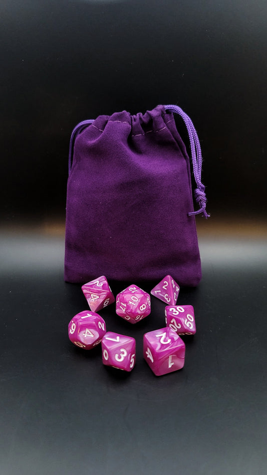 Purple felt dice bag with set of 7 dice