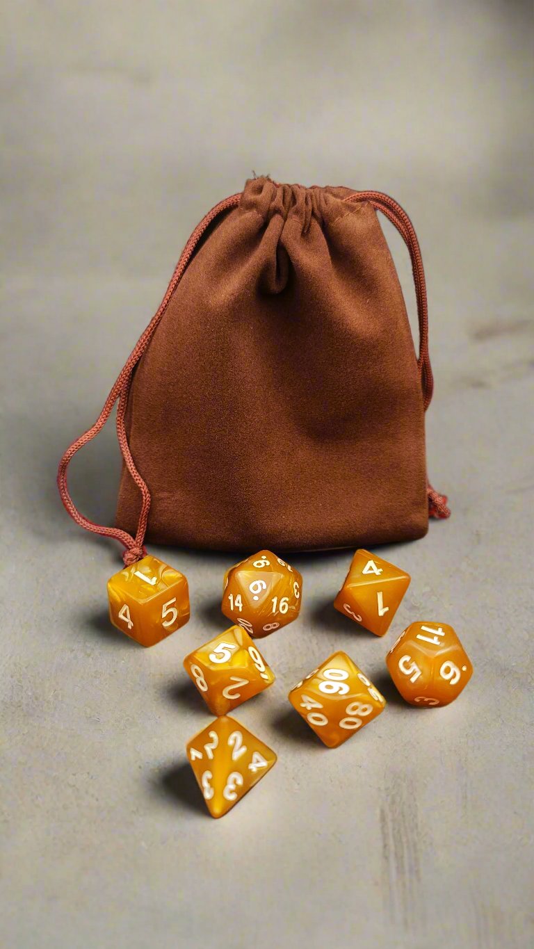 Brown felt dice bag with set of 7 dice.