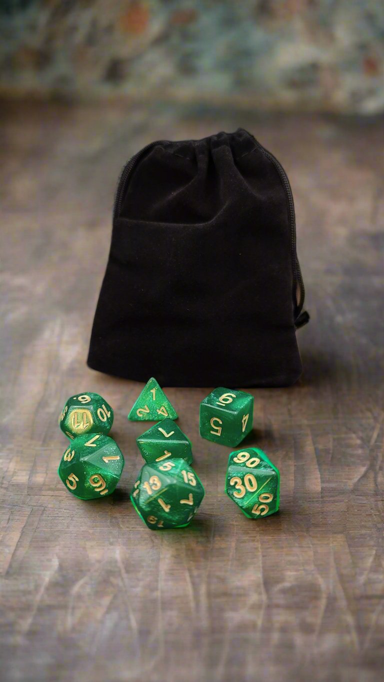 Black felt dice bag with set of 7 dice.