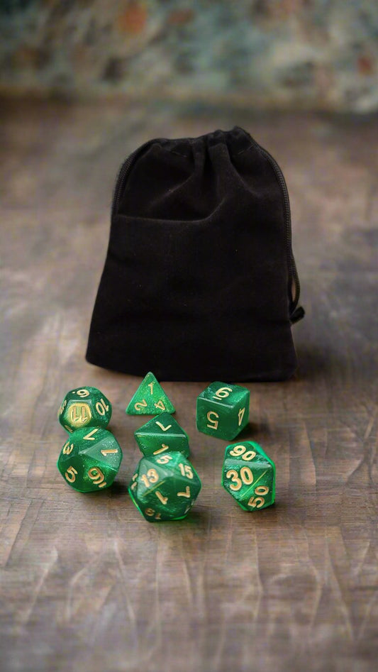 Black felt dice bag with set of 7 dice.